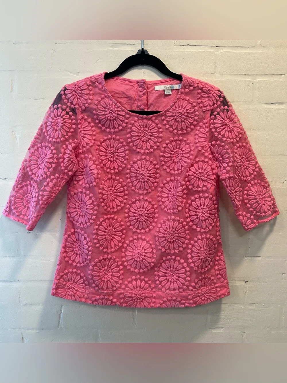 Boden Pink Floral Embroidered Cotton Organza Top Sheer 3/4 Sleeve Blouse Size 4
